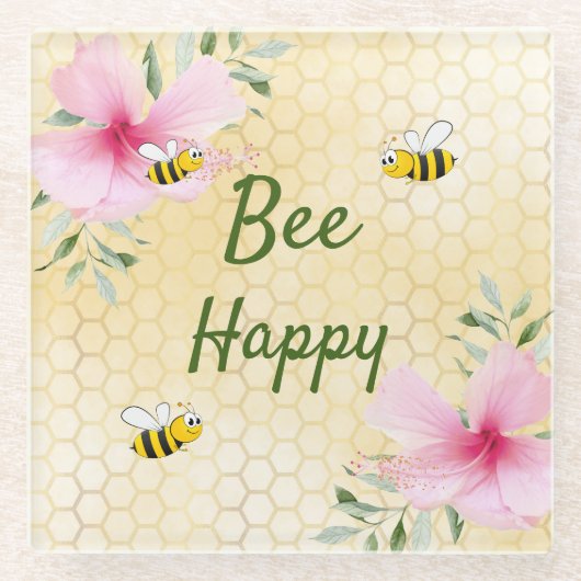 Hommels gele honingraat roze bloemen glazen onderzetter (Voorkant)