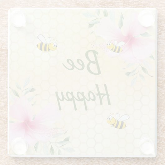 Hommels gele honingraat roze bloemen glazen onderzetter (Achterkant)