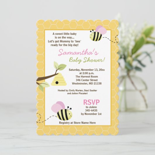 Hommeltje Roze Vleugels Die Cut Baby Shower Uitnod Kaart (Staand voorkant)