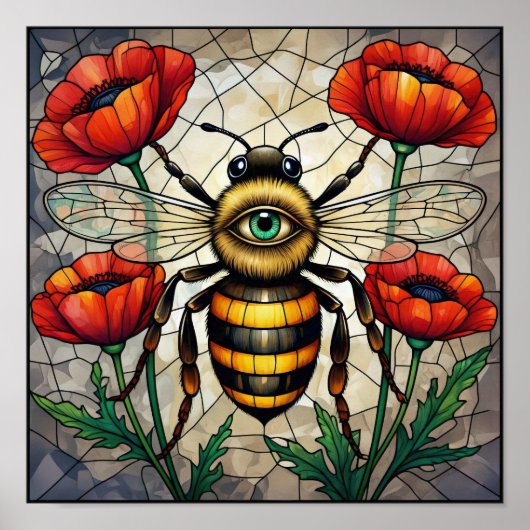 Hommenglazen rode klaproos bloem insect kunst poster (Voorkant)