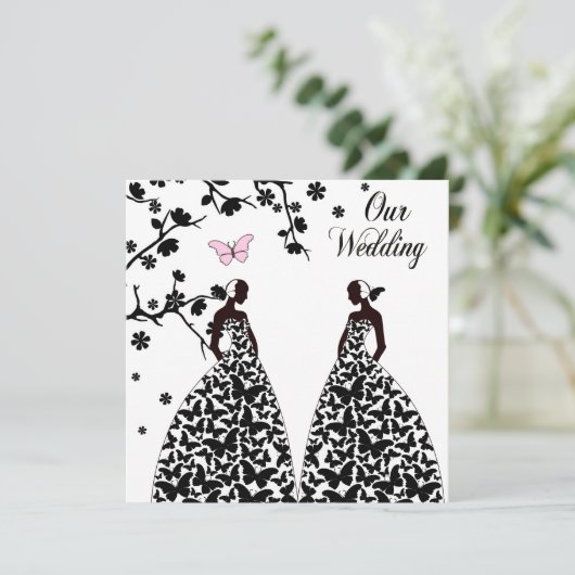 Homo & Lesbisch Bruiloft uitnodiging met twee brui (Staand voorkant)