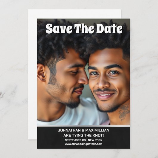 Homo paar foto's slaan de trouwdatum op save the date (Voorkant / Achterkant)