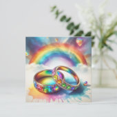 Homoseksueel lesbisch regenboog ringen bruiloft ce kaart (Staand voorkant)