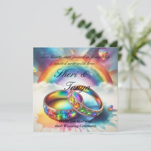 Homoseksueel lesbisch regenboog ringen bruiloft ce kaart (Staand voorkant)