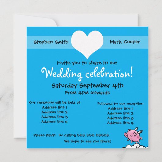 Homoseksuele bruidegom varkens mogen trouwuitnodig kaart (Achterkant)