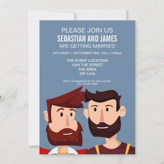Homoseksuele cartoon bruidegoms met baarden trouwt kaart (Voorkant)