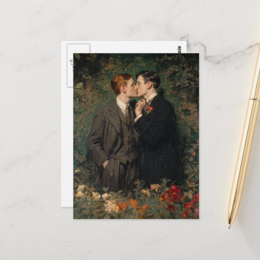Homoseksuele Mannen kussen in de tuin Briefkaart (Voorkant / Achterkant in situ)