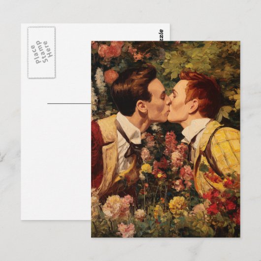 Homoseksuele Mannen kussen in een bloementuin Briefkaart (Voorkant / Achterkant)