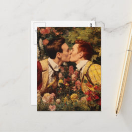 Homoseksuele Mannen kussen in een bloementuin Briefkaart