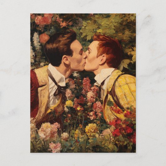 Homoseksuele Mannen kussen in een bloementuin Briefkaart (Voorkant)