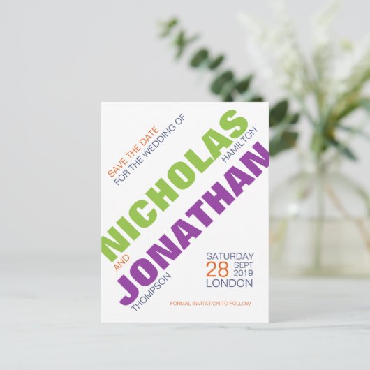 Homoseksuele typografie Save the Date Briefkaart (Staand voorkant)