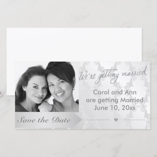 Homoseksuele zilveren damasten trouwfoto save the  save the date (Voorkant / Achterkant)