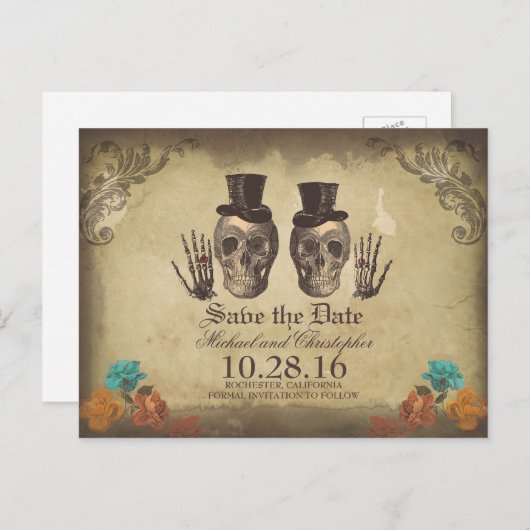 Homostel - Gotische skeletten Save the Date Aankondigingskaart (Voorkant / Achterkant)