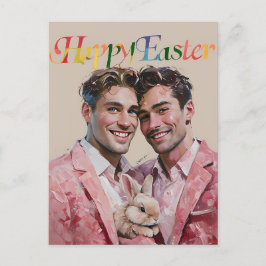 Homostel in roze pakken met Bunny Paaskaart Feestdagenkaart