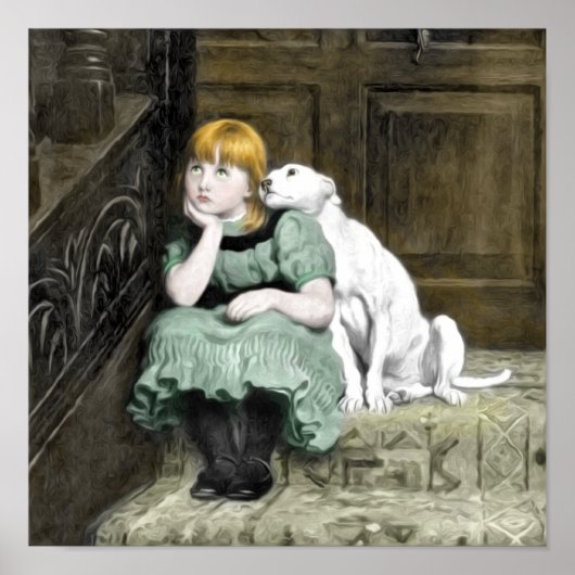 Hond Aanbiddend Meisje Victoriaans Schilderij Poster (Voorkant)