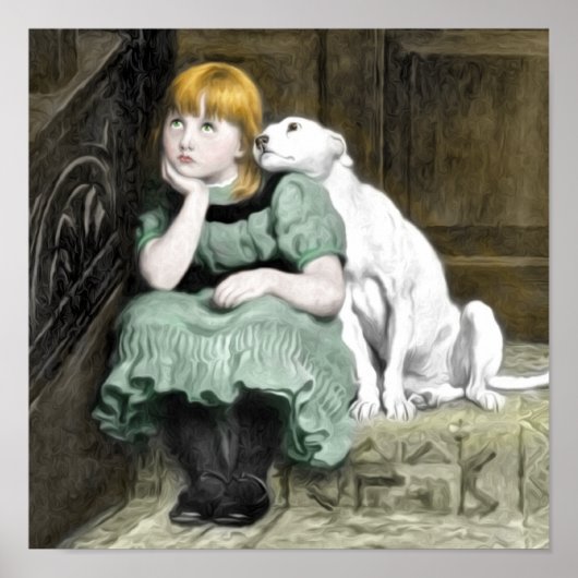 Hond Aanbiddend Meisje Victoriaans Schilderij Poster (Voorkant)