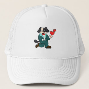 Hond als bruidegom met pak en stropdas trucker pet