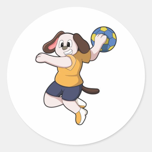 Hond als handballspeler met handbal ronde sticker (Voorkant)
