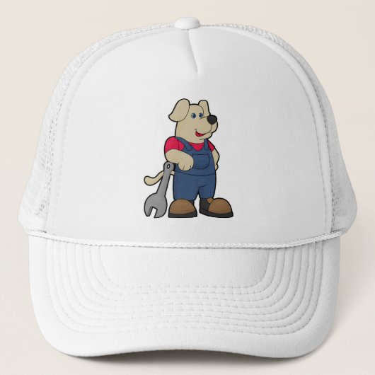 Hond als monteur met sleutel trucker pet (Voorkant)