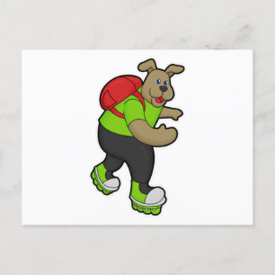 Hond als skater met inline skates en rugzak briefkaart