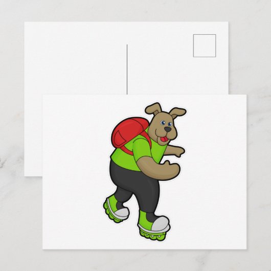 Hond als skater met inline skates en rugzak briefkaart (Voorkant / Achterkant)