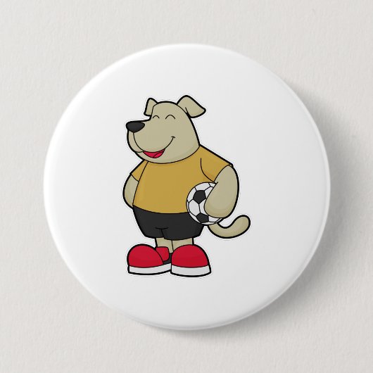 Hond als voetballer met Voetbal Ronde Button 7,6 Cm (Voorkant)