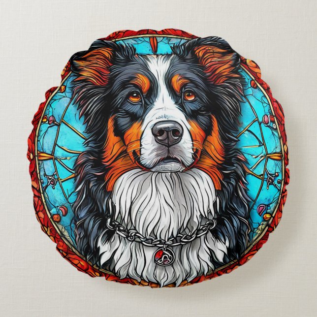 Hond Artistiek Glas in lood Portret Rond Kussen (Voorkant)