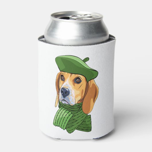 Hond Beagle in groene Franse baret Blikjeskoeler (Blikje Voorkant)