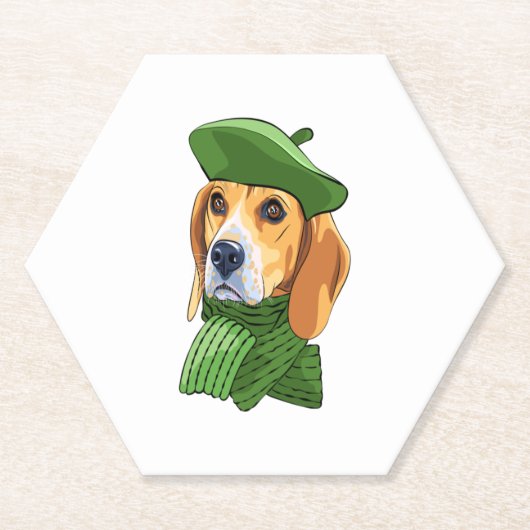 Hond Beagle in groene Franse baret Kartonnen Onderzetters (Voorkant)