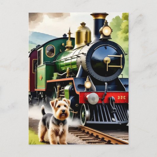 Hond begroet stoomtrein briefkaart (Voorkant)