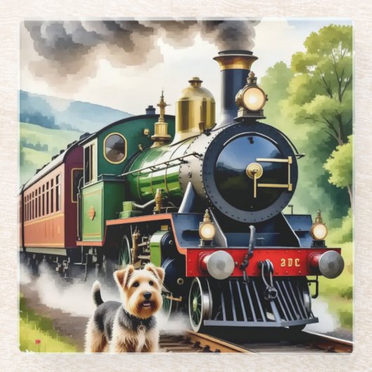 Hond begroet stoomtrein glazen onderzetter (Voorkant)