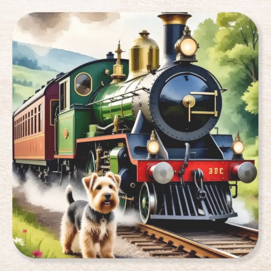 Hond begroet stoomtrein kartonnen onderzetters (Voorkant)