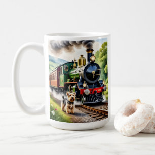 Hond begroet stoomtrein koffiemok