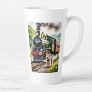 Hond begroet stoomtrein latte mok