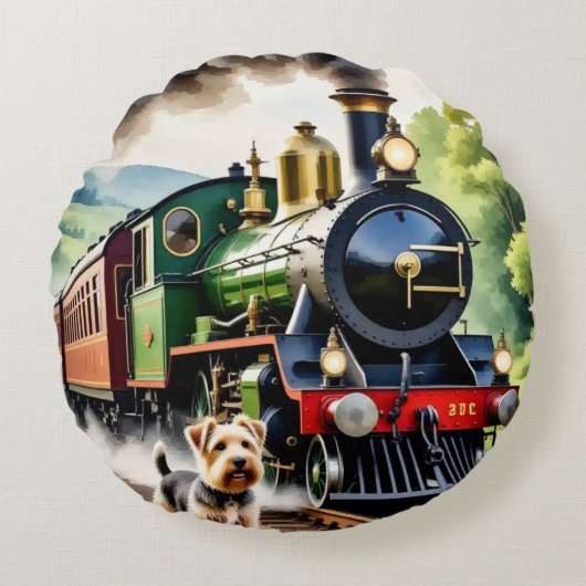 Hond begroet stoomtrein rond kussen (Voorkant)