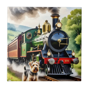 Hond begroet stoomtrein tegeltje
