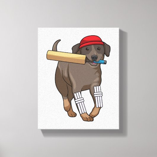 Hond bij Cricket met cricket bat Canvas Afdruk (Voorkant)