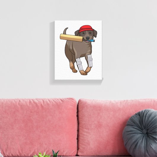Hond bij Cricket met cricket bat Canvas Afdruk (Insitu (Woonkamer))