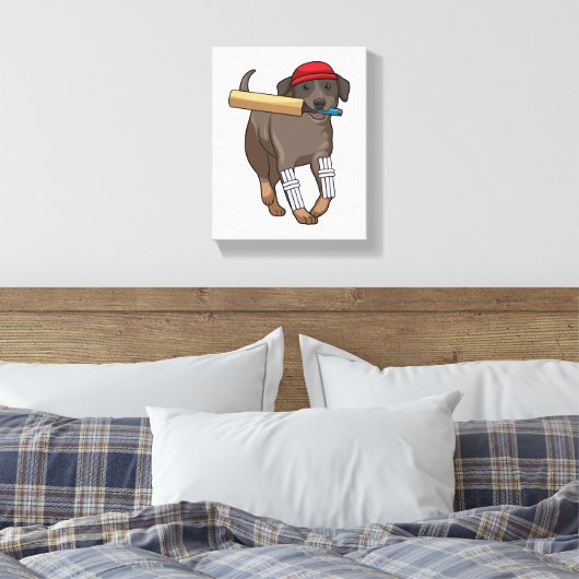 Hond bij Cricket met cricket bat Canvas Afdruk (Insitu (Slaapkamer))