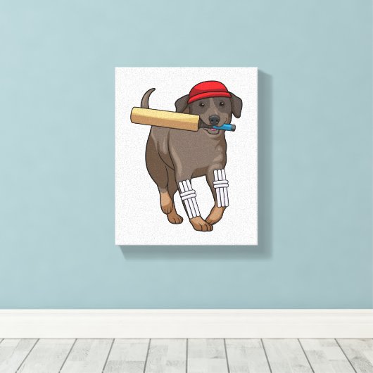Hond bij Cricket met cricket bat Canvas Afdruk (Insitu (Houten vloer))