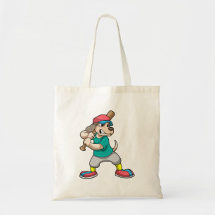 Hond bij honkbal met honkbalknuppel tote bag