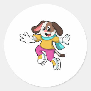 Hond bij ijsschaatsen met ijsschaatsen ronde sticker