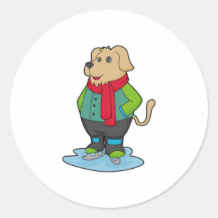 Hond bij ijsschaatsen met ijsschaatsen ronde sticker