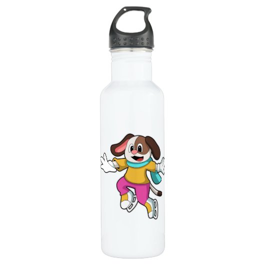 Hond bij ijsschaatsen met ijsschaatsen waterfles  (Voorkant)