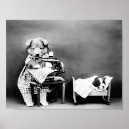 Hond bij naaimachine - babykleding maken poster