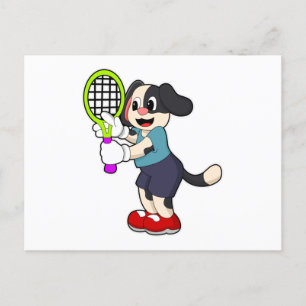 Hond bij tennis met tennisracket briefkaart