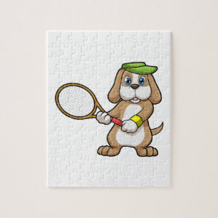 Hond bij tennis met tennisracket en pet legpuzzel