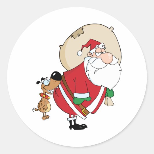 Hond bijten een kerstman ronde sticker (Voorkant)