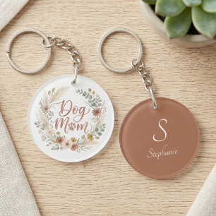 Hond bloemige botanische terracotta krans sleutelhanger