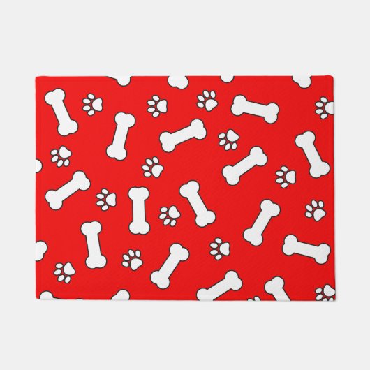 Hond Botten en Poot Prints Rood en Wit Patroon Deurmat (Voorkant)